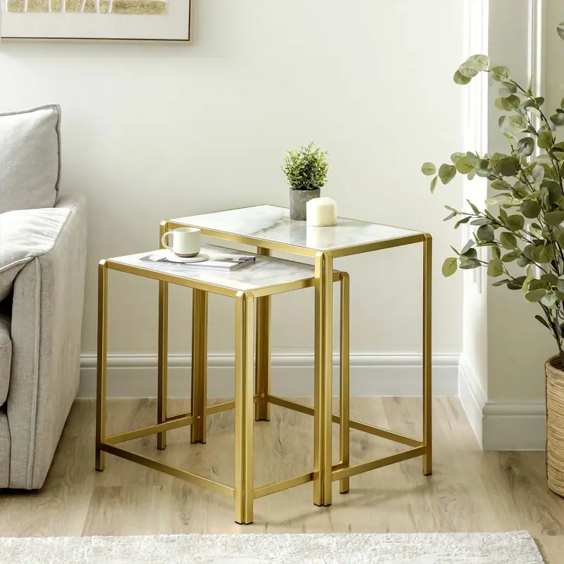 Set of 2 Gold Metal Nesting Table with White Marble Top Lina Home