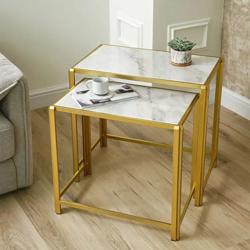 Set of 2 Gold Metal Nesting Table with White Marble Top Lina Home