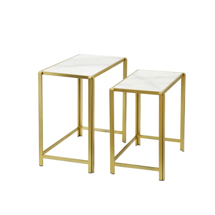 Set of 2 Gold Metal Nesting Table with White Marble Top Lina Home