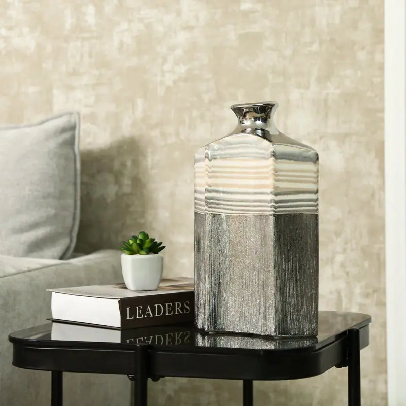 Silver Ceramic Vase with Multicolour Stripes Lina Home