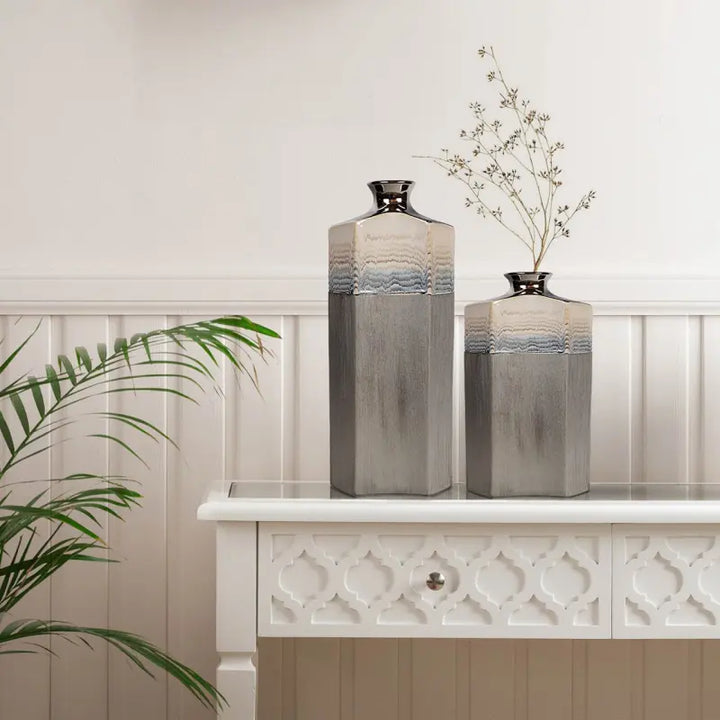 Silver Ceramic Vase with Multicolour Stripes Lina Home