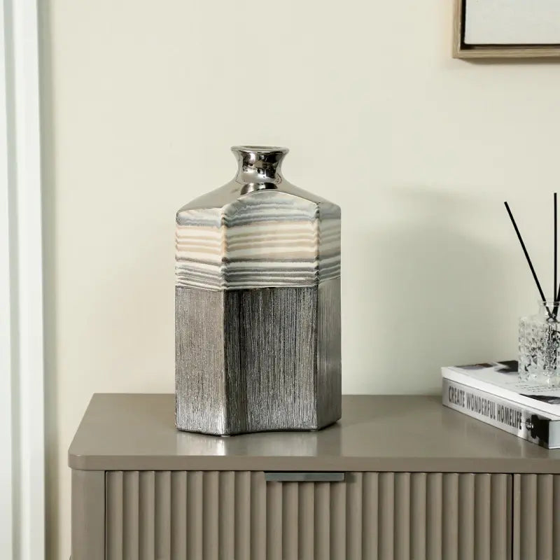Silver Ceramic Vase with Multicolour Stripes Lina Home