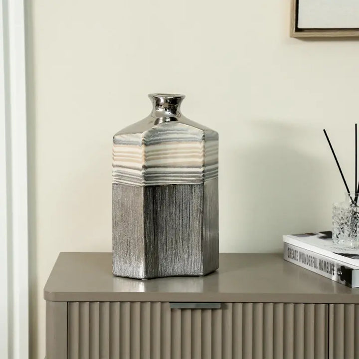 Silver Ceramic Vase with Multicolour Stripes Lina Home