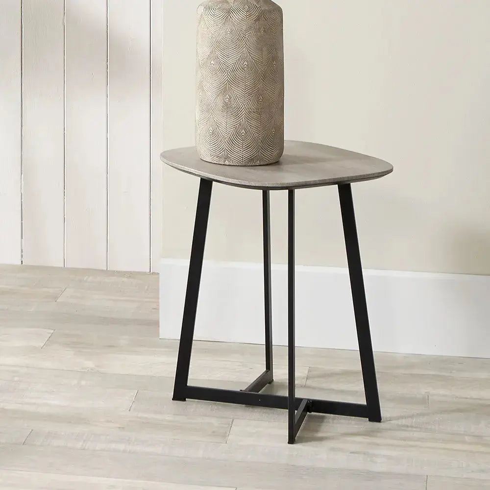 Ukiah Grey Oak Veneer and Black Metal Side Table  Nicholas John Interiors