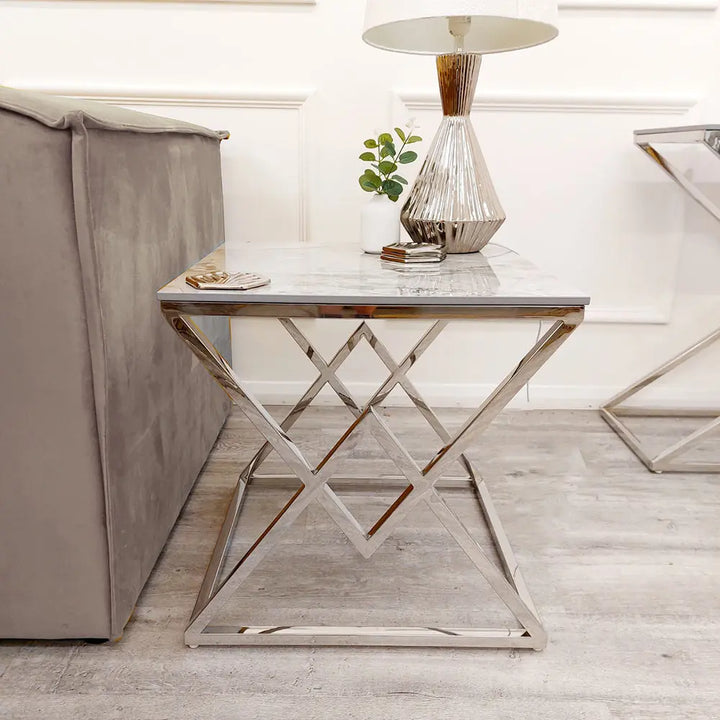 Vesta Chrome Lamp Table Sintered Stone Top Furnish 365 Limited