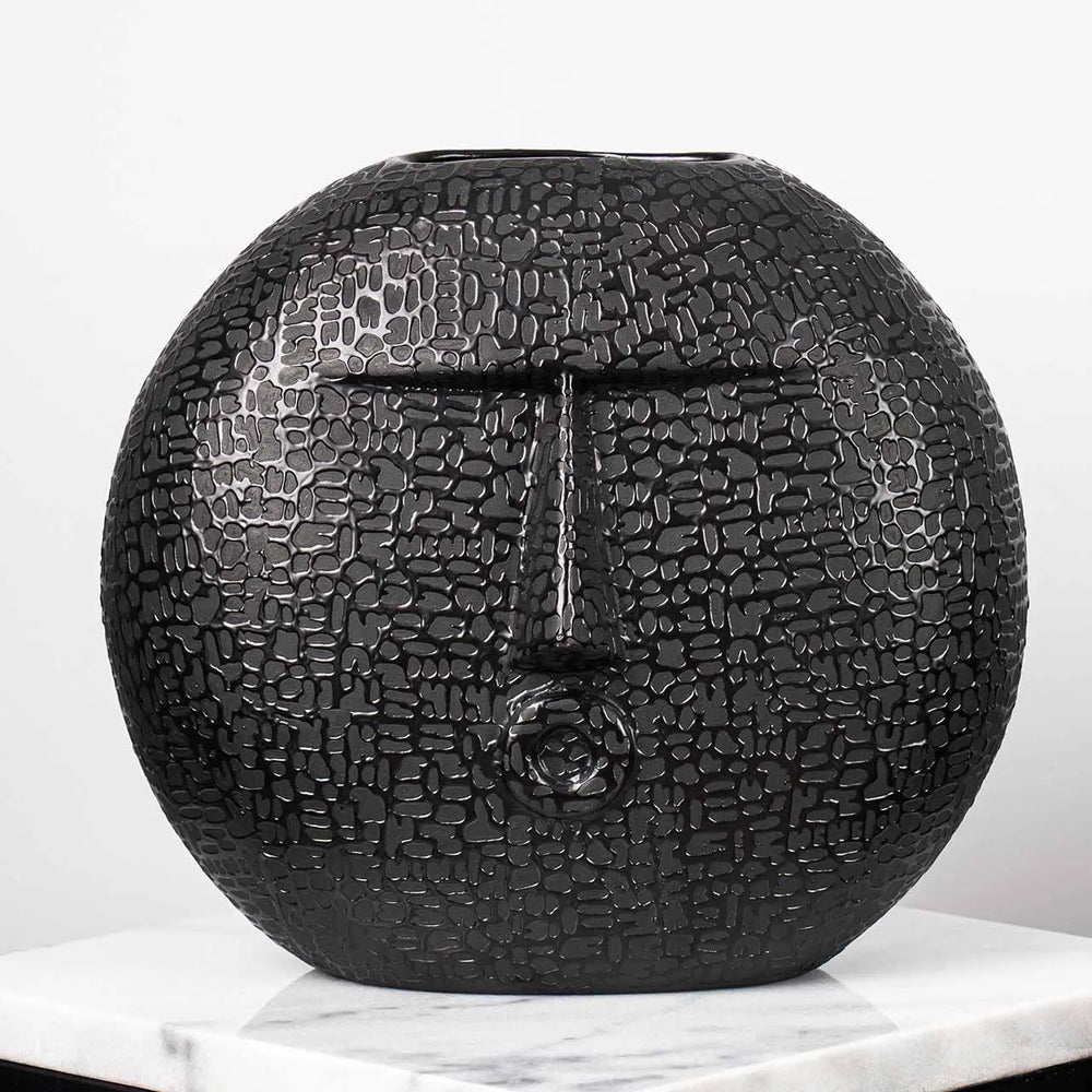 Black Textured Round Face Ceramic Vase – 25.3 cm Lina Home