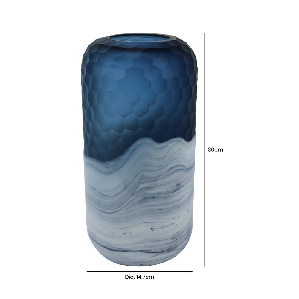Dark Blue and White Handmade Glass Vase – 30 cm Lina Home