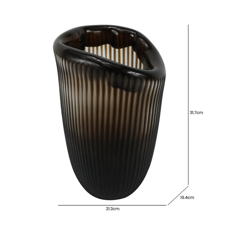 Pleated Coffee Brown Handmade 31.7 cm Glass Vase Lina Home