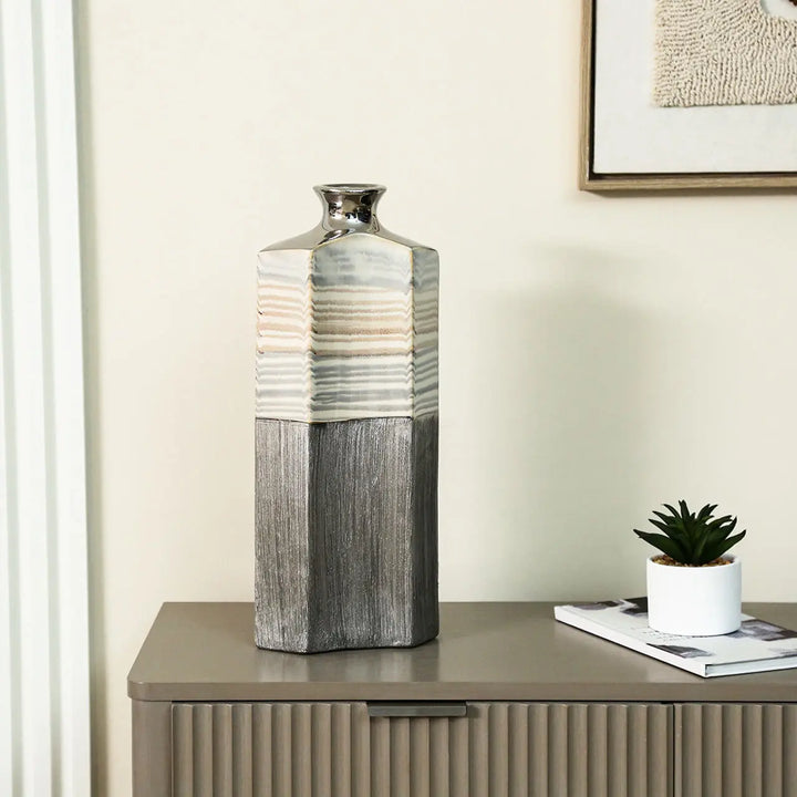 Silver Ceramic Vase with Multicolour Stripes Lina Home