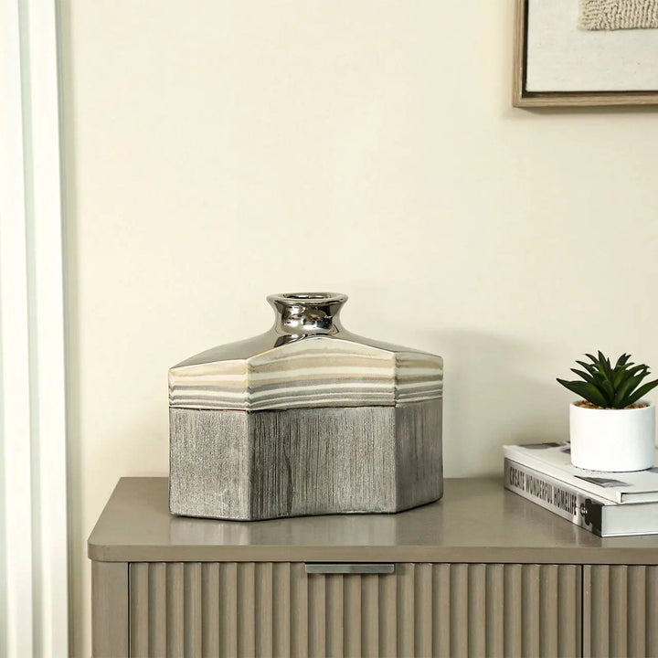 Silver Ceramic Vase With Multicolor Stripes Lina Home