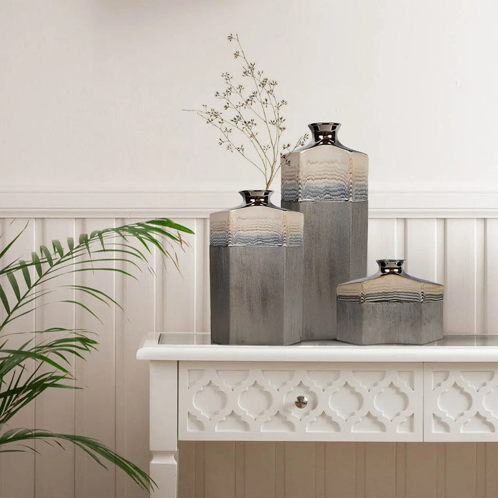 Silver Ceramic Vase With Multicolor Stripes Lina Home