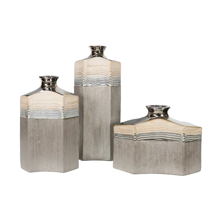 Silver Ceramic Vase With Multicolor Stripes Lina Home