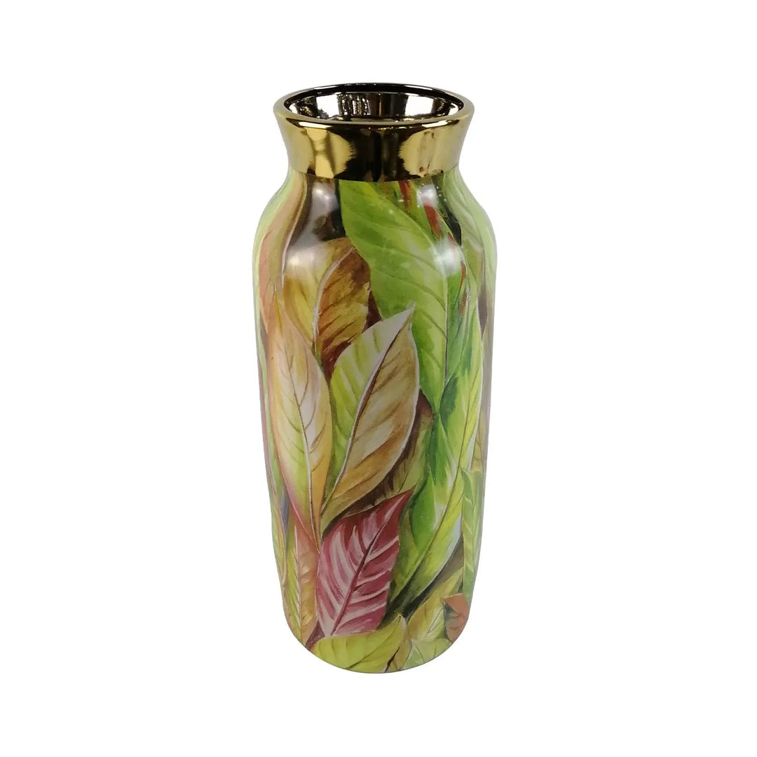 Green and Pink Leaves Ceramic Vase – 39 cm Lina Home