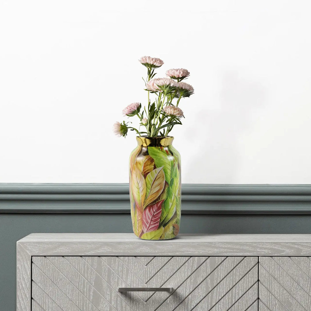 Green and Pink Leaves Ceramic Vase – 39 cm Lina Home