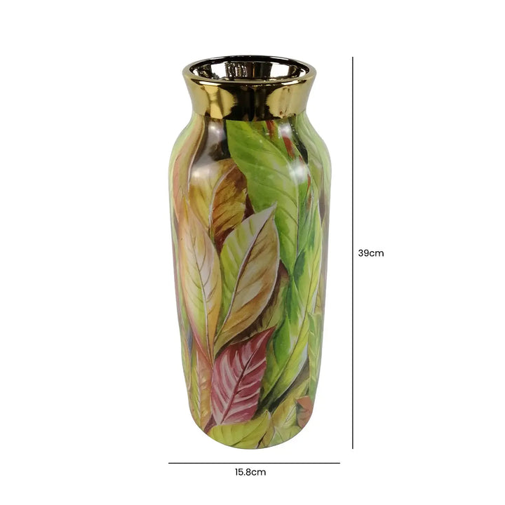 Green and Pink Leaves Ceramic Vase – 39 cm Lina Home
