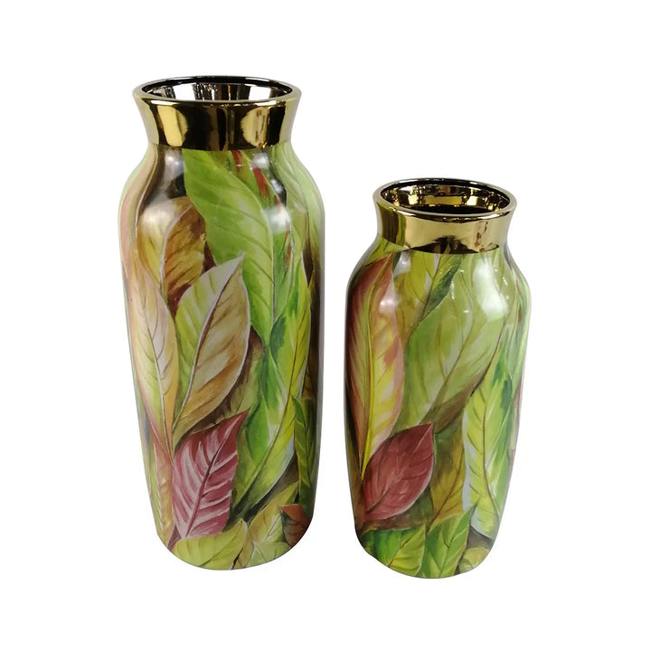 Green and Pink Leaves Ceramic Vase – 39 cm Lina Home