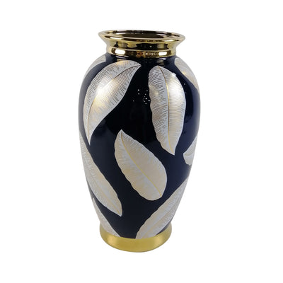 Blue with White and Gold Leaves Ceramic Vase Lina Home