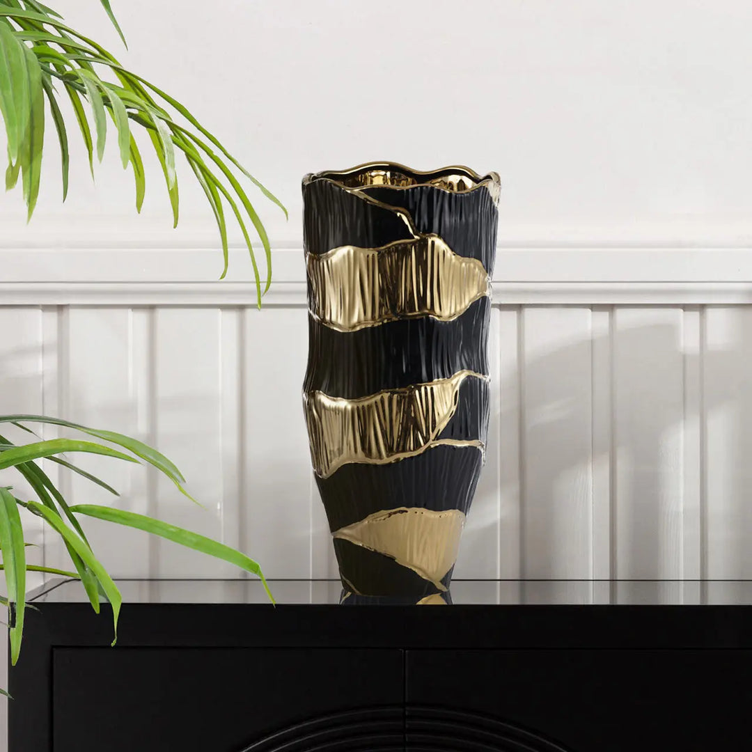 Black and Gold Textured Ceramic Decorative Vase – 43.5 cm Lina Home