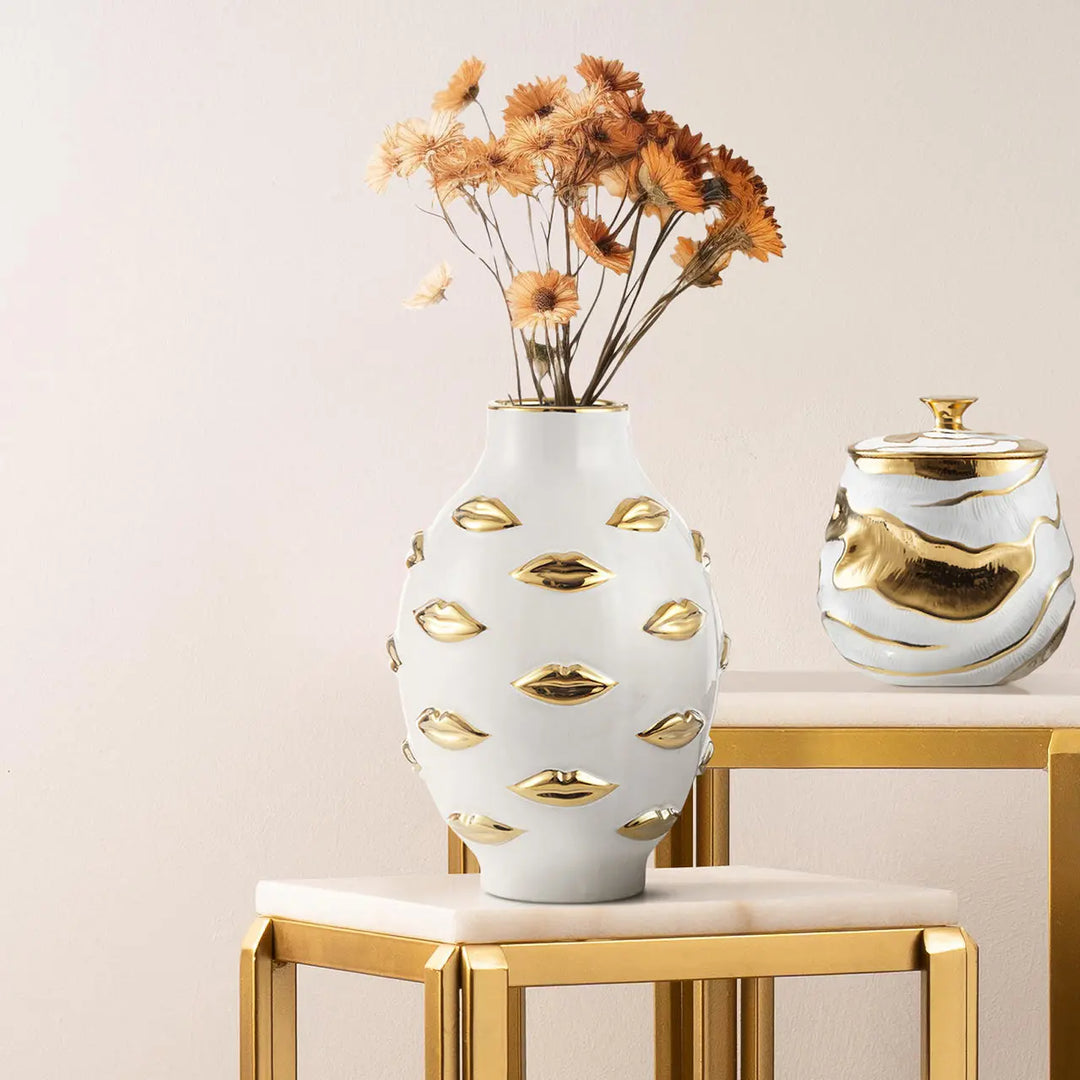 White and Gold Lips Design Ceramic Vase Lina Home