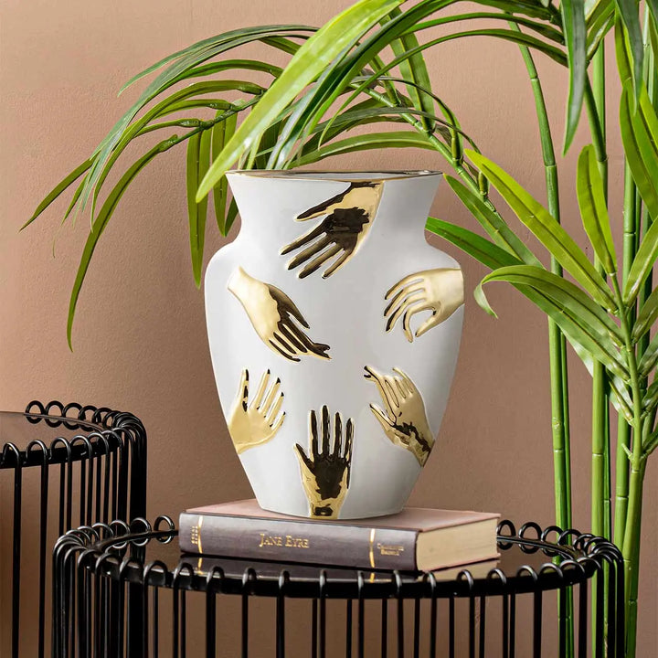 White and Gold Hands Design Ceramic Vase – 33.5 cm Lina Home