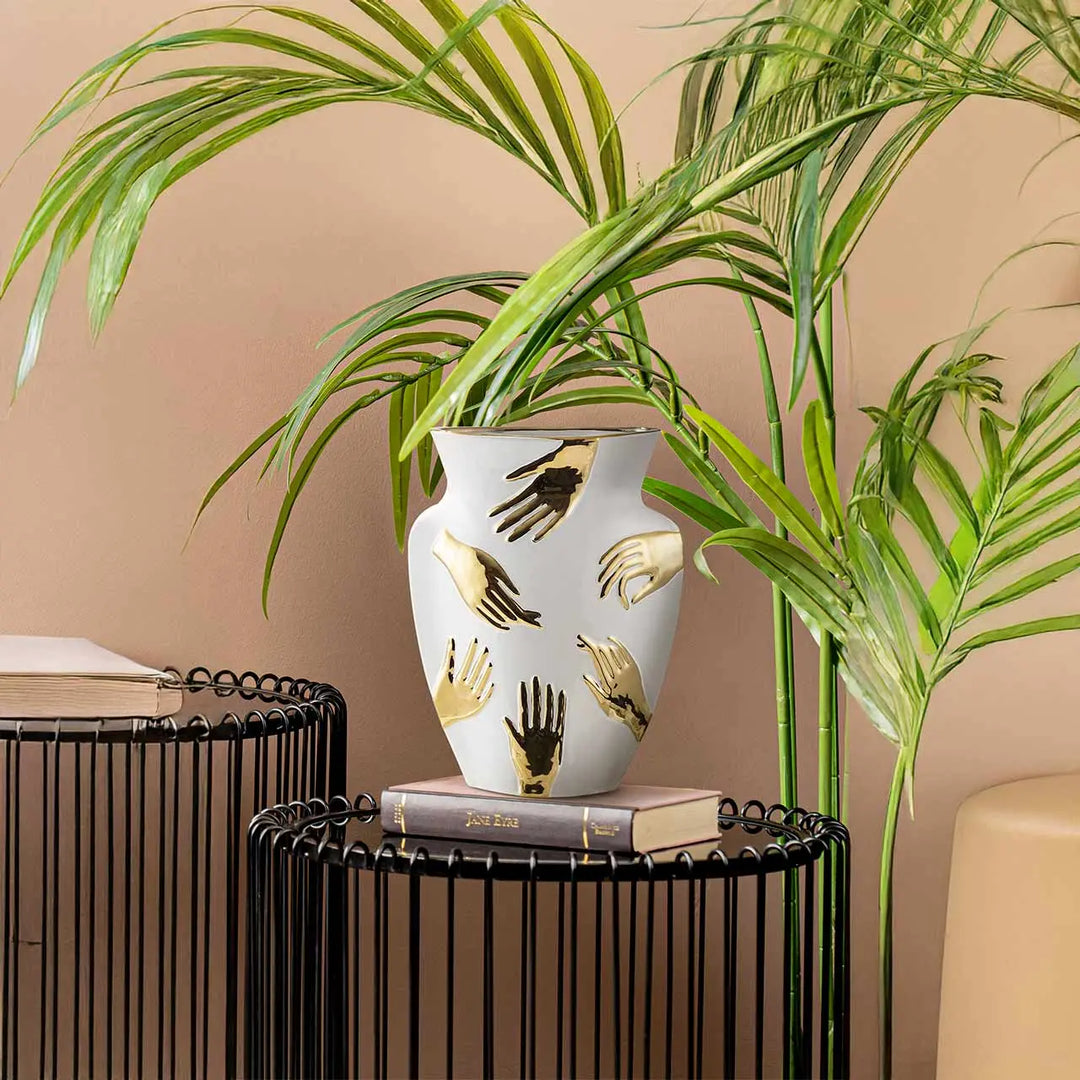 White and Gold Hands Design Ceramic Vase – 33.5 cm Lina Home