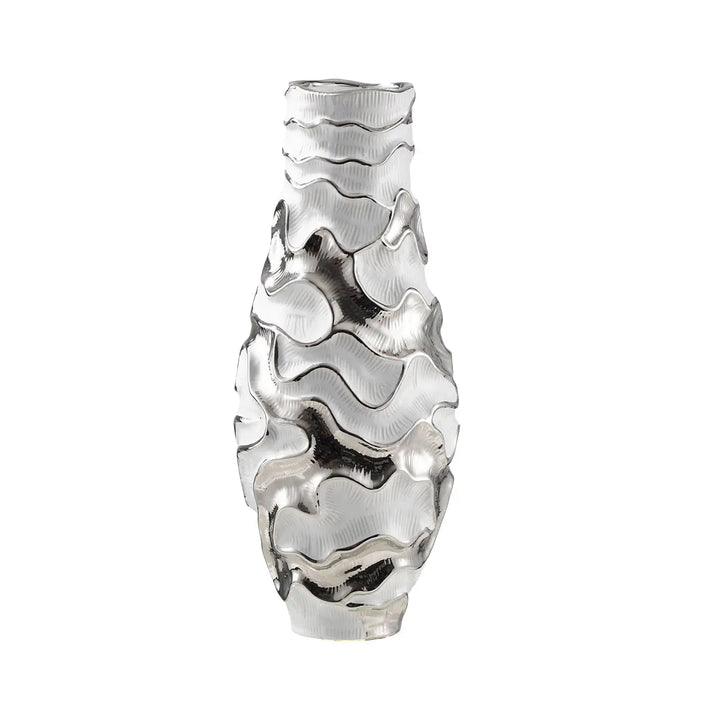 White and Chrome Textured Ripples Design Vase – 43 cm Lina Home