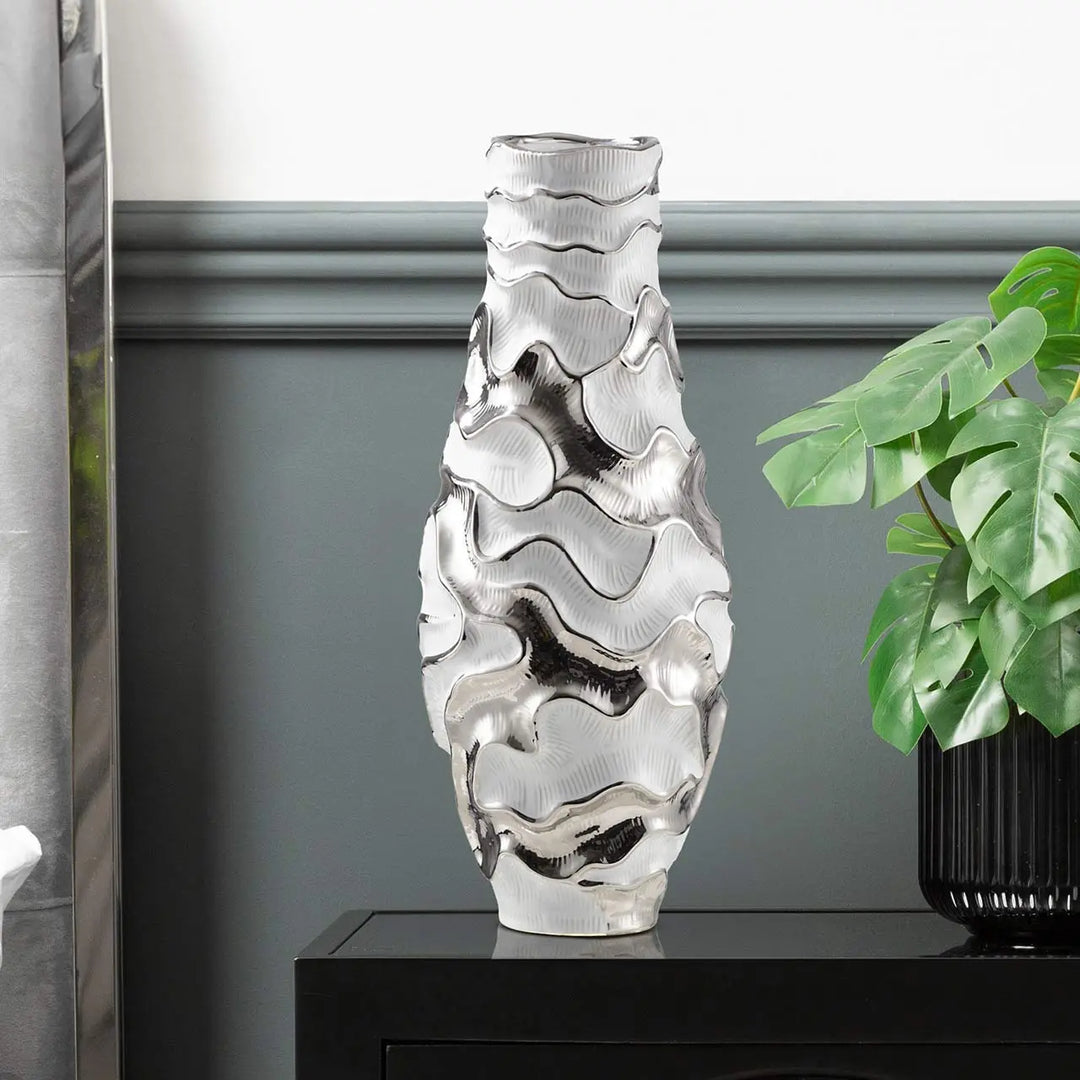White and Chrome Textured Ripples Design Vase – 43 cm Lina Home