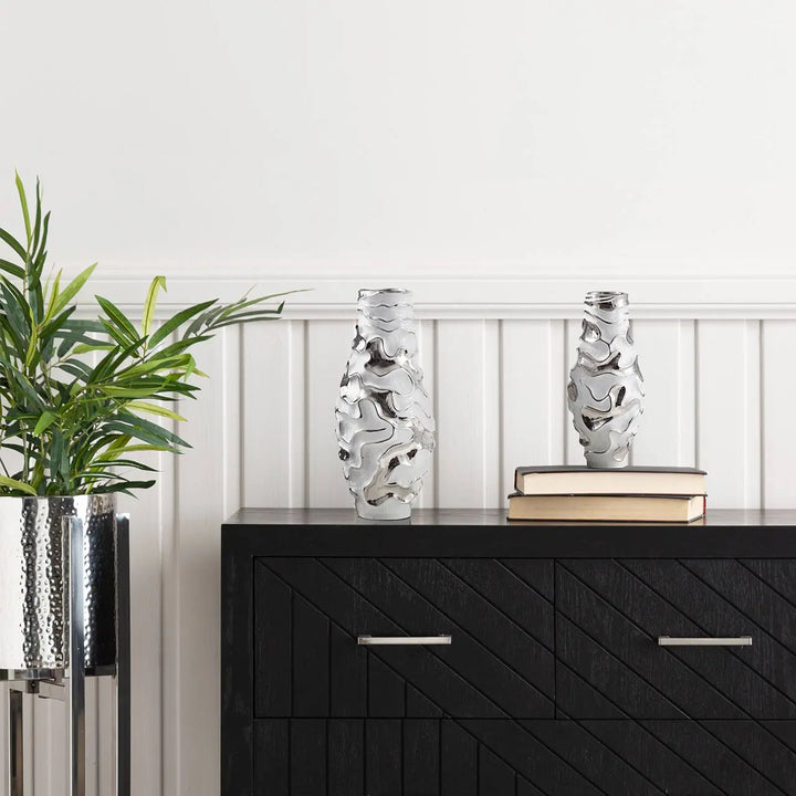 White and Chrome Textured Ripples Design Vase – 43 cm Lina Home