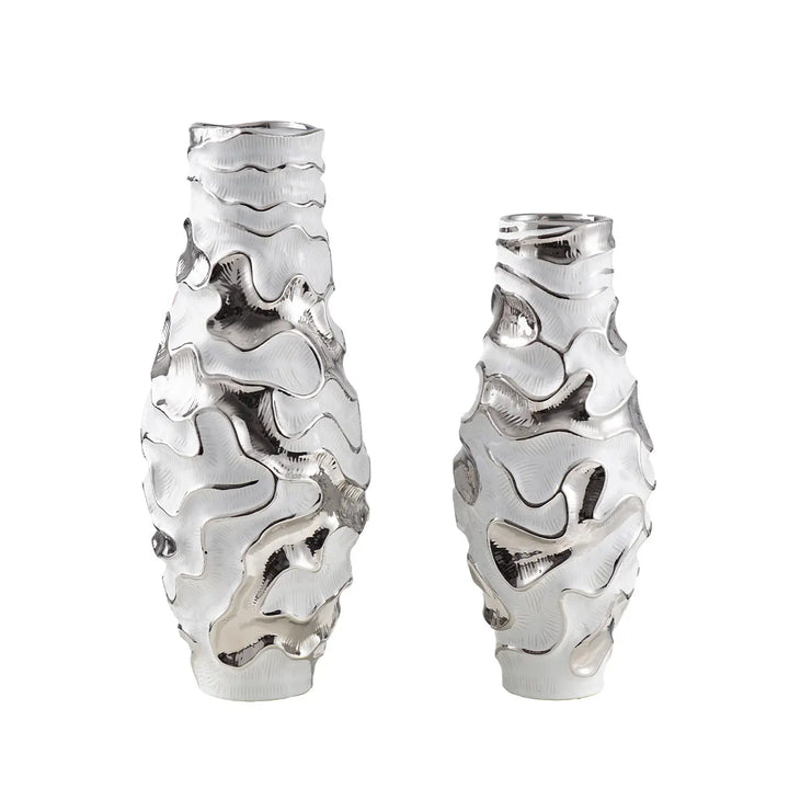 White and Chrome Textured Ripples Design Vase – 43 cm Lina Home