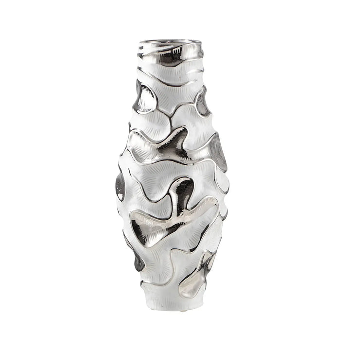 White and Chrome Textured Ripples Design Vase – 36 cm Lina Home