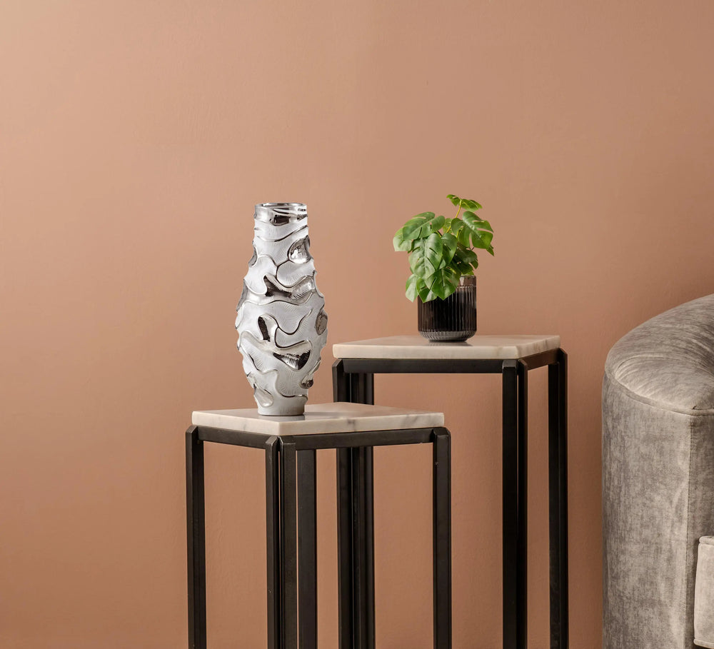 White and Chrome Textured Ripples Design Vase – 36 cm Lina Home