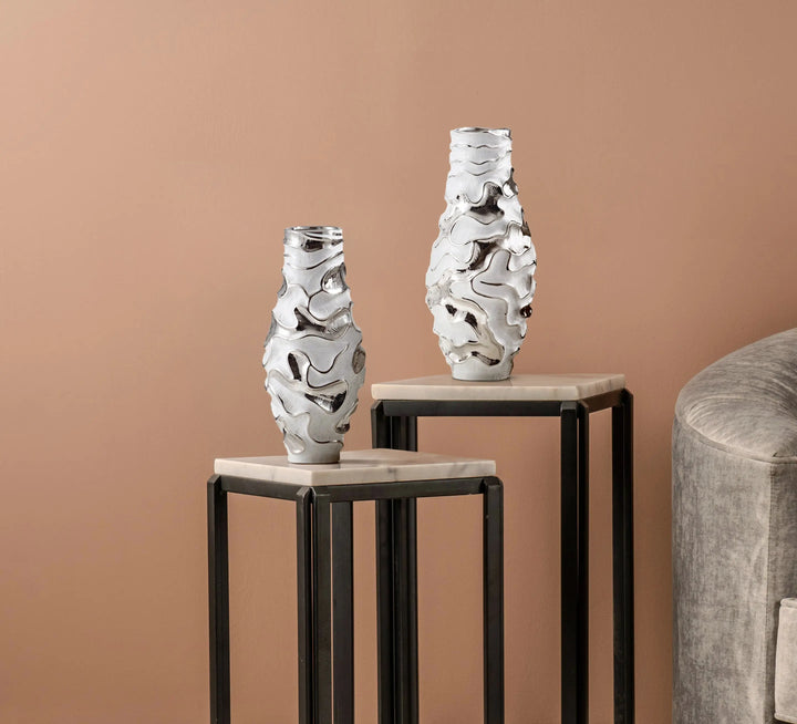 White and Chrome Textured Ripples Design Vase – 36 cm Lina Home