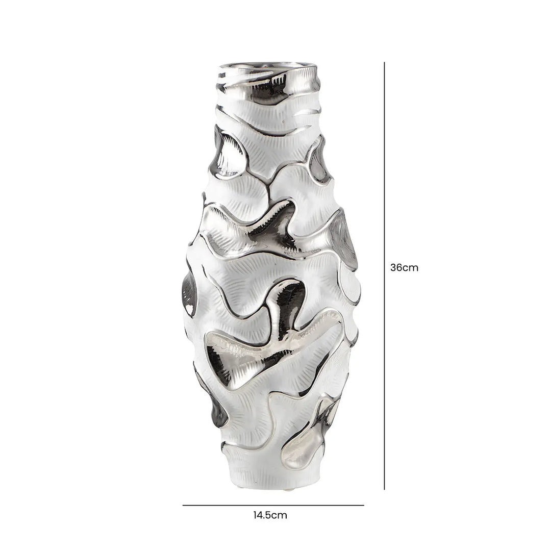 White and Chrome Textured Ripples Design Vase – 36 cm Lina Home