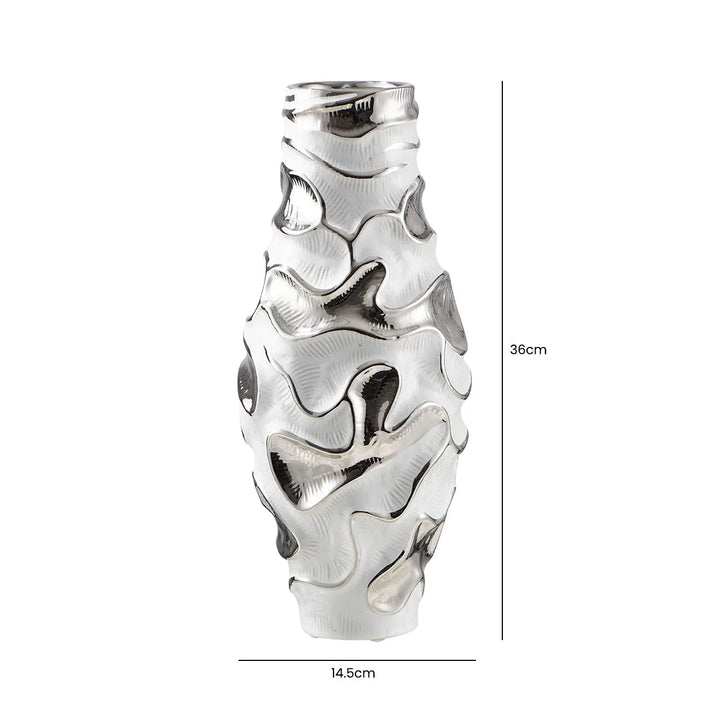 White and Chrome Textured Ripples Design Vase – 36 cm Lina Home