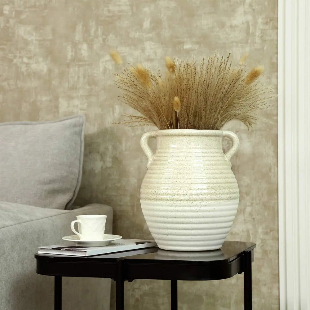 Beige and White Ribbed Ceramic Vase Lina Home