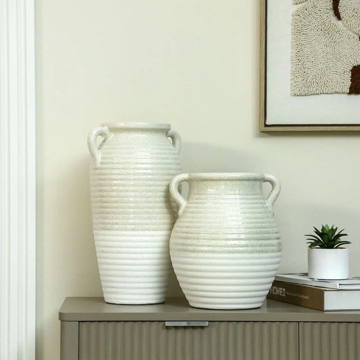 Beige and White Ribbed Ceramic Vase Lina Home