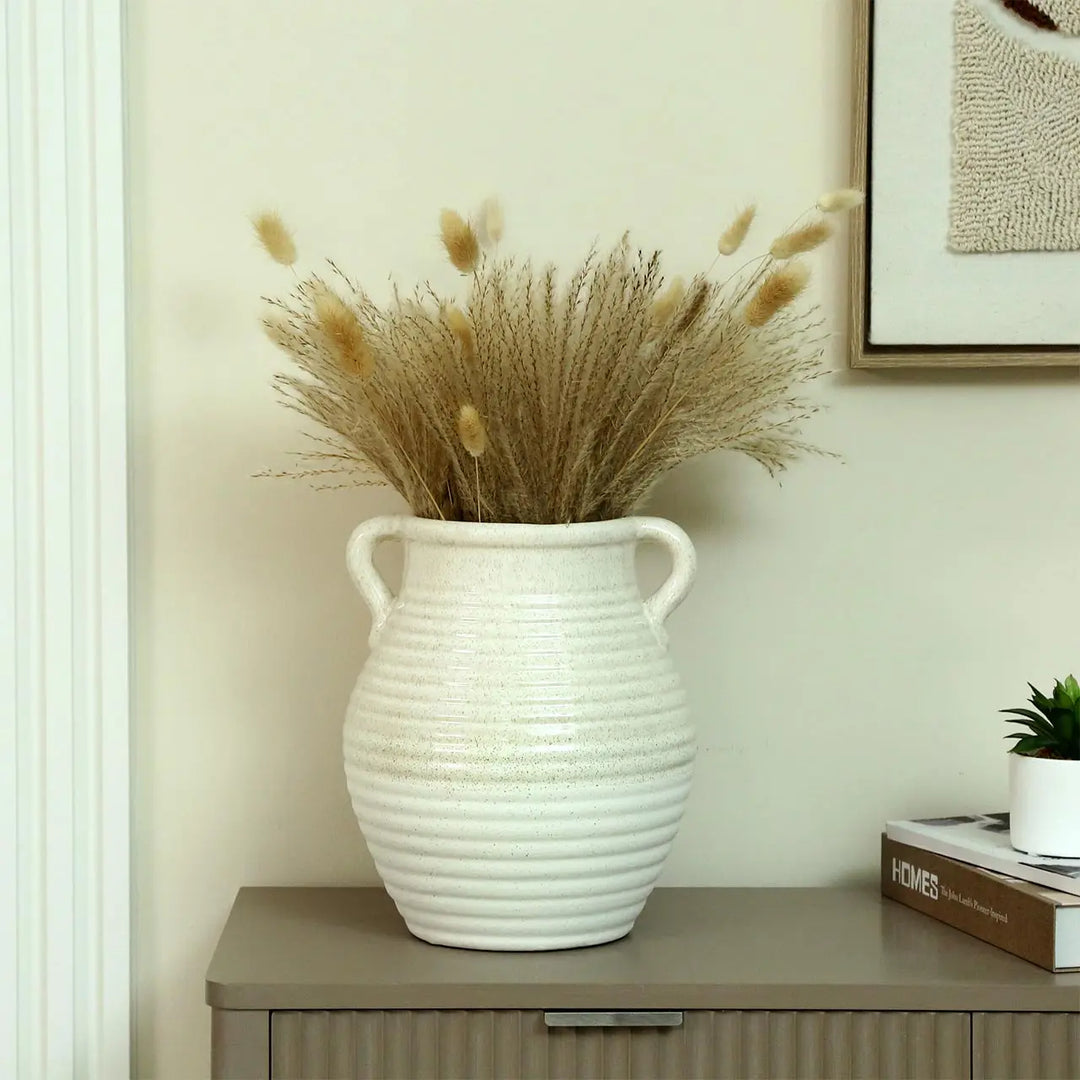 Beige and White Ribbed Ceramic Vase Lina Home