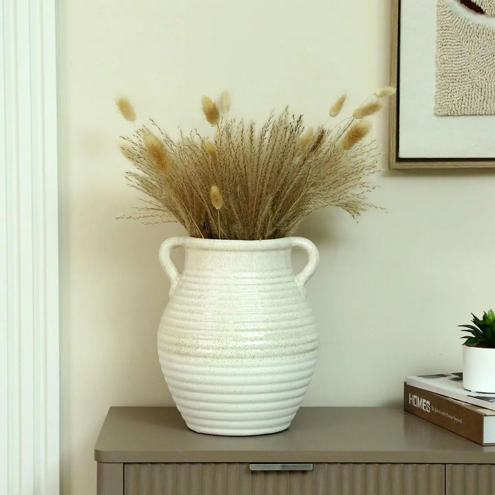 Beige and White Ribbed Ceramic Vase Lina Home