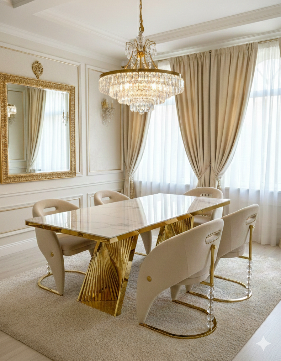 Regency 160cm Cream & Gold Marble Dining Table