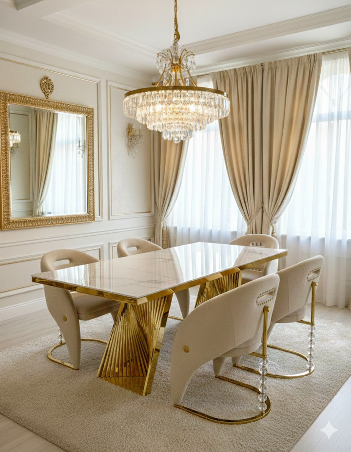 Regency 160cm Cream & Gold Marble Dining Table