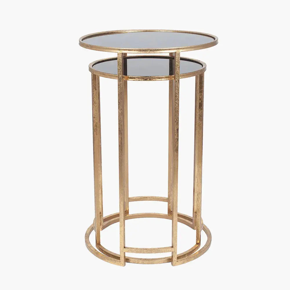 Veneziano S/2 Antique Gold Metal and Black Glass Side Tables   Nicholas John Interiors