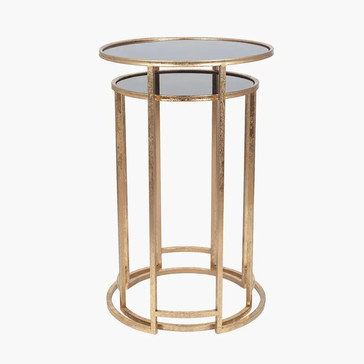 Veneziano S/2 Antique Gold Metal and Black Glass Side Tables   Nicholas John Interiors