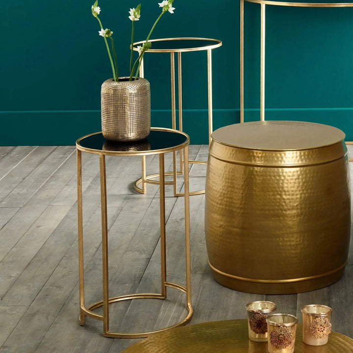Veneziano S/2 Antique Gold Metal and Black Glass Side Tables   Nicholas John Interiors