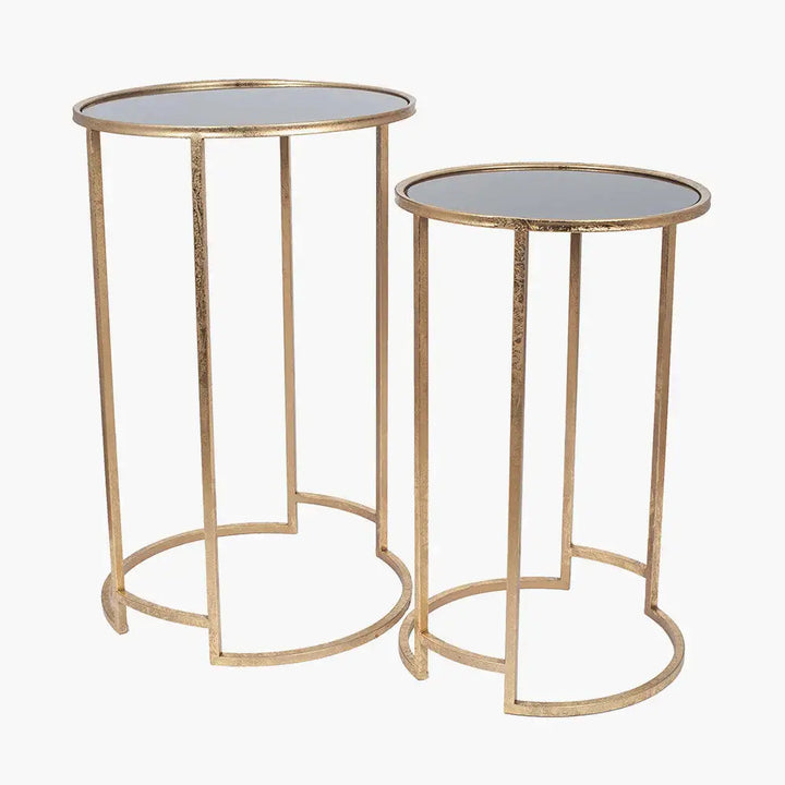 Veneziano S/2 Antique Gold Metal and Black Glass Side Tables   Nicholas John Interiors