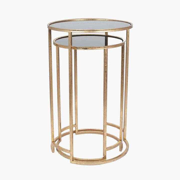 Veneziano S/2 Antique Gold Metal and Black Glass Side Tables   Nicholas John Interiors