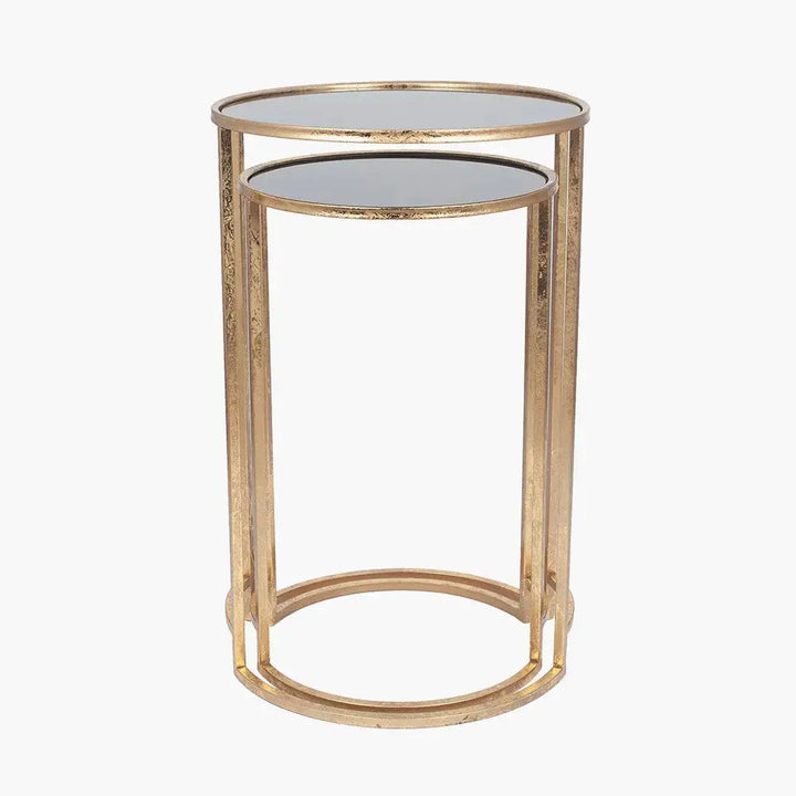 Veneziano S/2 Antique Gold Metal and Black Glass Side Tables   Nicholas John Interiors