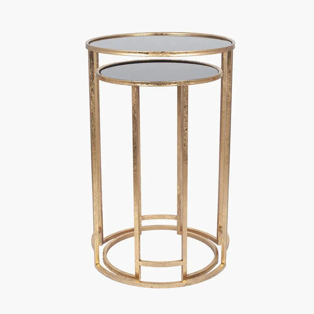 Veneziano S/2 Antique Gold Metal and Black Glass Side Tables   Nicholas John Interiors