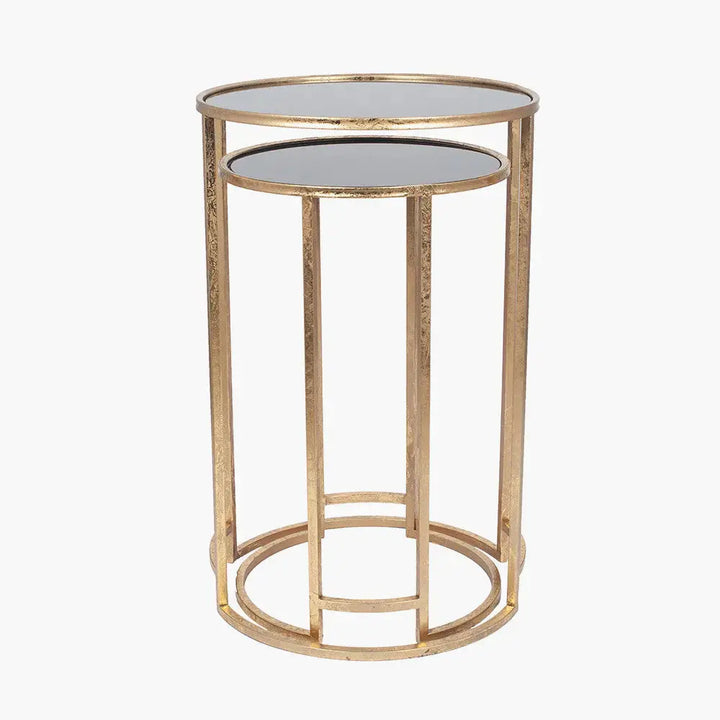 Veneziano S/2 Antique Gold Metal and Black Glass Side Tables   Nicholas John Interiors