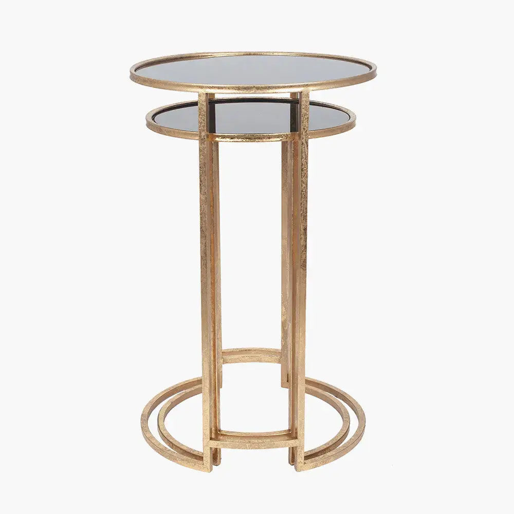 Veneziano S/2 Antique Gold Metal and Black Glass Side Tables   Nicholas John Interiors