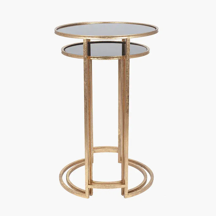 Veneziano S/2 Antique Gold Metal and Black Glass Side Tables   Nicholas John Interiors